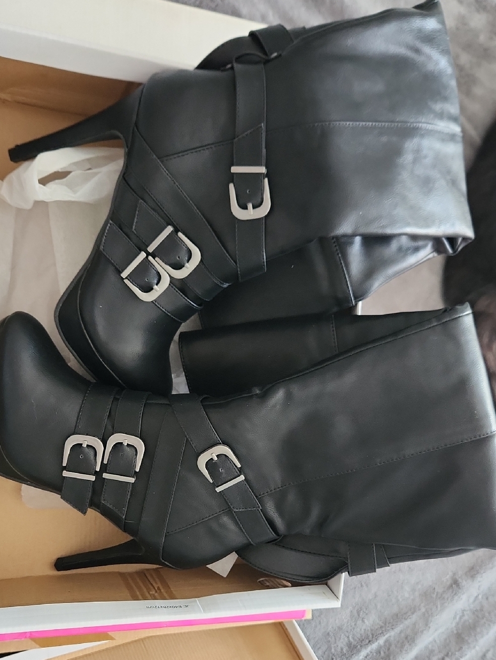 Black High-Heel Buckle Knee Boots - Women